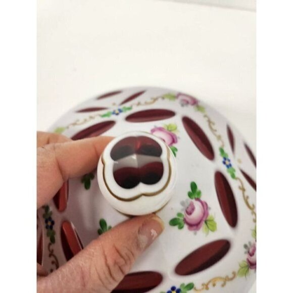 Vintage 19th Century Czech Bohemian Milk Cranberry Glass Candy Dish Bowl Lidded - Picture 5 of 10